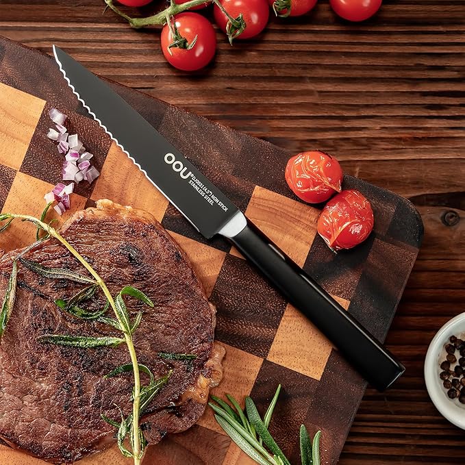 OOU Steak Knives Set of 6, 4.5" German High Carbon Stainless Steel Steak Knife Set, Serrated Steak Knives, Dishwasher Safe & Rust-Resistant Kitchen Knife Sets