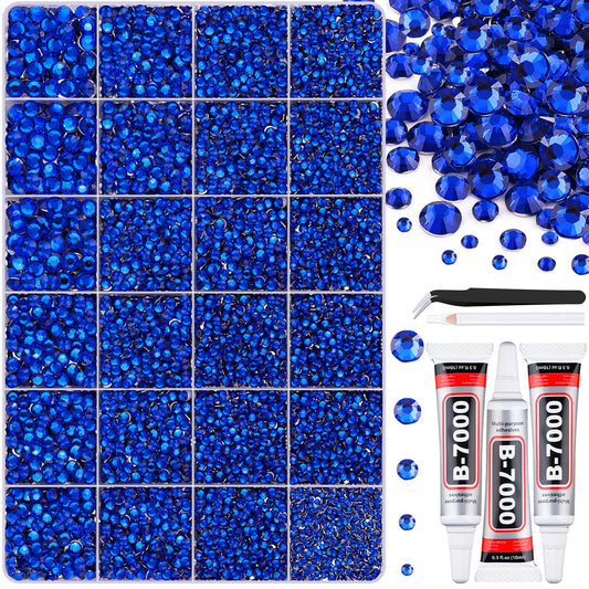 30000Pcs Resin Royal Blue Rhinestones for Bedazzling Crafting with b7000 Jewelry Glue, Bulk Flatback Gems Bedazzler Kit for Crafts Clothes Shoes Fabric Nail Diamond Art, Assorted Size 2/3/4/5/6mm-BrightBean Baby