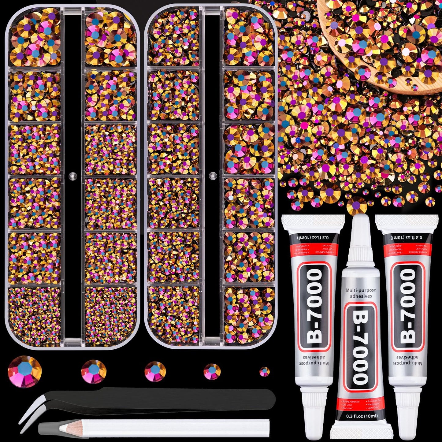 Resin Jelly Rhinestones for Crafting with B7000 Jewelry Glue, 2 Boxes Gold Rose AB Flatback Crystals with 3Pcs 10ml Glue, Bedazzling Non Hotfix Gems for DIY Tumblers Clothing Shoes Manicure-BrightBean Baby