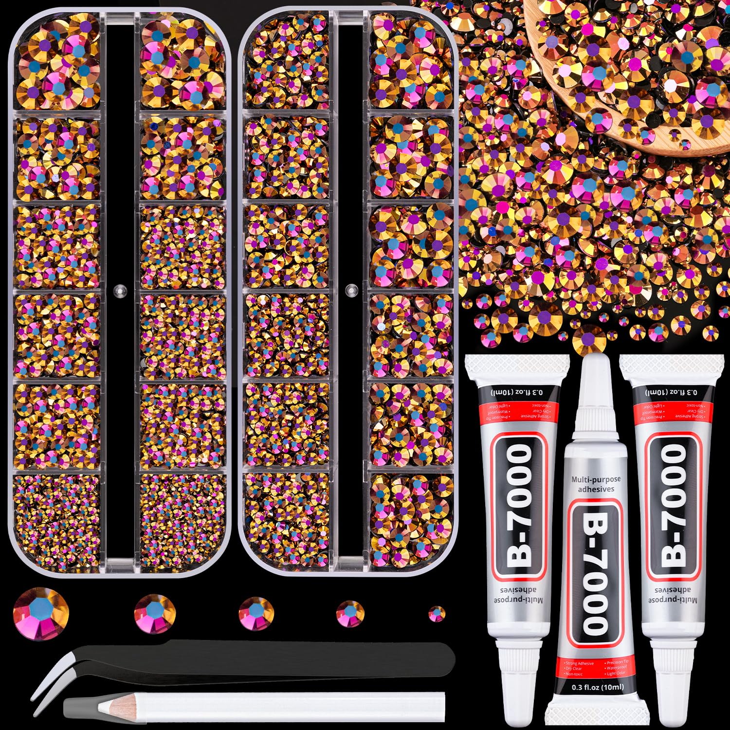 Resin Jelly Rhinestones for Crafting with B7000 Jewelry Glue, 2 Boxes Gold Rose AB Flatback Crystals with 3Pcs 10ml Glue, Bedazzling Non Hotfix Gems for DIY Tumblers Clothing Shoes Manicure-BrightBean Baby