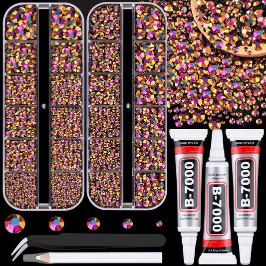 Resin Jelly Rhinestones for Crafting with B7000 Jewelry Glue, 2 Boxes Gold Rose AB Flatback Crystals with 3Pcs 10ml Glue, Bedazzling Non Hotfix Gems for DIY Tumblers Clothing Shoes Manicure-BrightBean Baby
