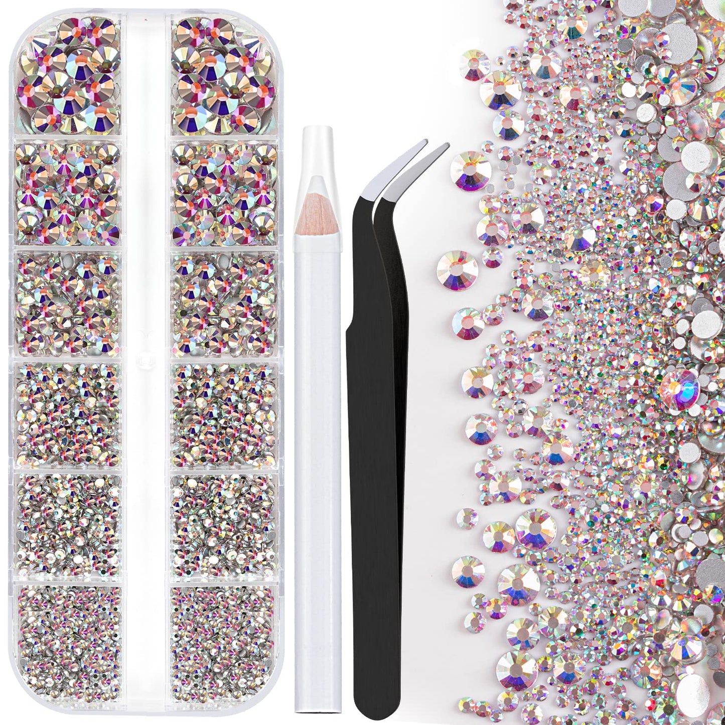 One Pack 2000 Pcs of Flatback Round AB Crystal Rhinestones 6 Sizes (1.5-6 mm) with Nail Art Rhinestone Picker Pencil and Tweezer for DIY and Salon Use-BrightBean Baby