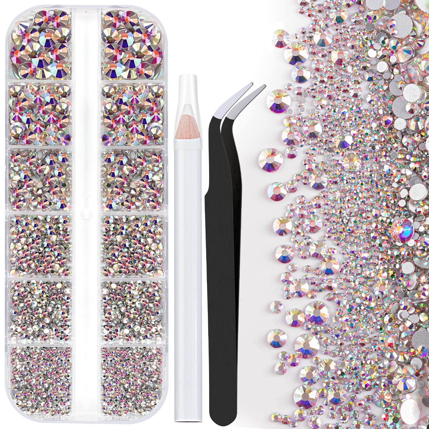 One Pack 2000 Pcs of Flatback Round AB Crystal Rhinestones 6 Sizes (1.5-6 mm) with Nail Art Rhinestone Picker Pencil and Tweezer for DIY and Salon Use-BrightBean Baby