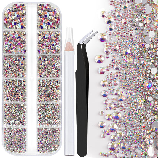 One Pack 2000 Pcs of Flatback Round AB Crystal Rhinestones 6 Sizes (1.5-6 mm) with Nail Art Rhinestone Picker Pencil and Tweezer for DIY and Salon Use-BrightBean Baby