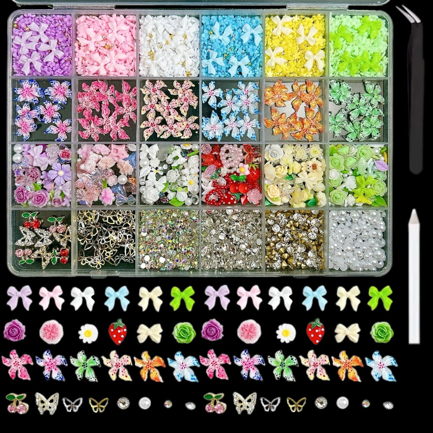 Flower Bow Nail Charms and Gems, 3D Resin Blossom Petals with Caviar Beads Charms for Nails Design，Flatback Pearl Charms Cherry Butterfly Rhinestone Nail Charms for Manicure DIY-BrightBean Baby