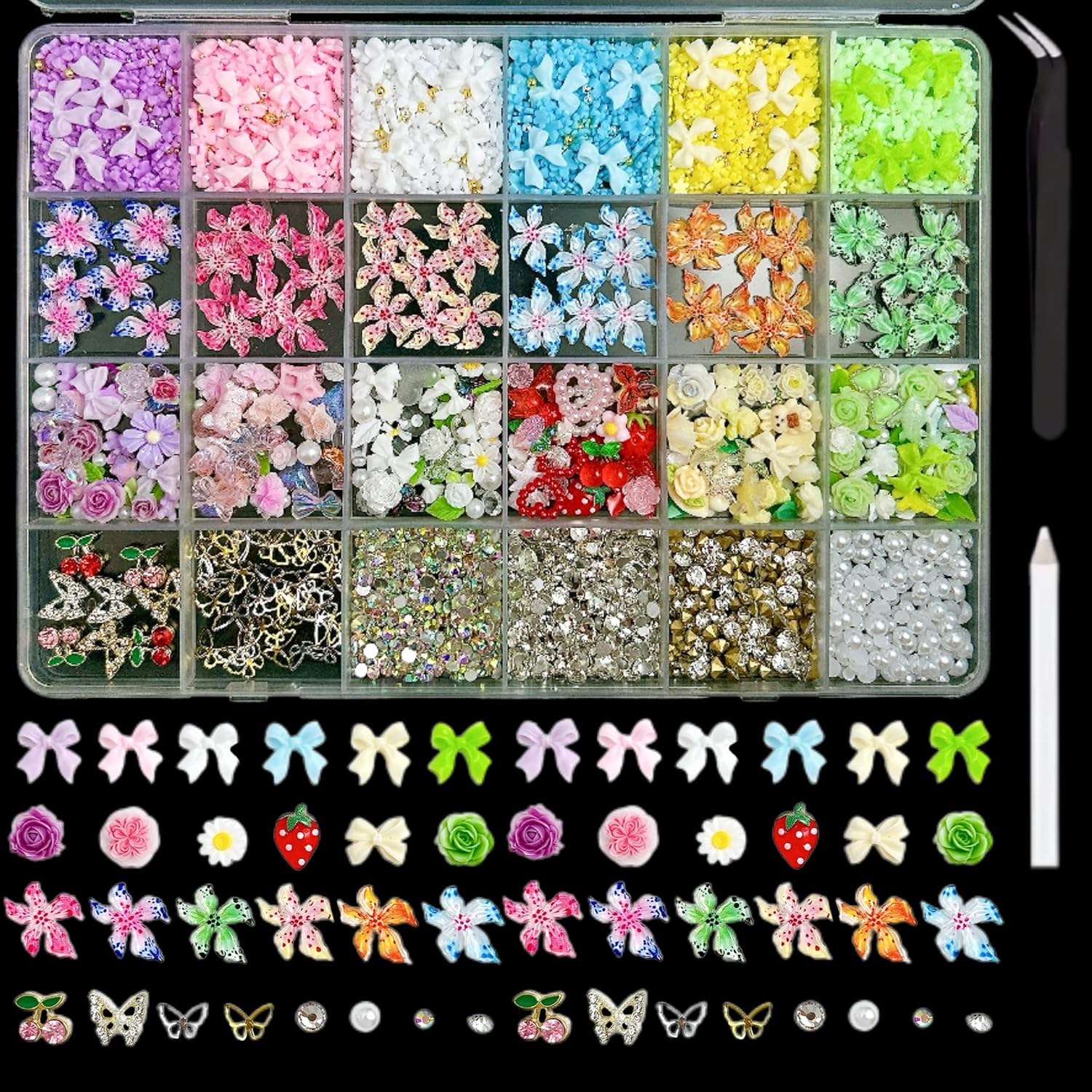 Flower Bow Nail Charms and Gems, 3D Resin Blossom Petals with Caviar Beads Charms for Nails Design，Flatback Pearl Charms Cherry Butterfly Rhinestone Nail Charms for Manicure DIY-BrightBean Baby