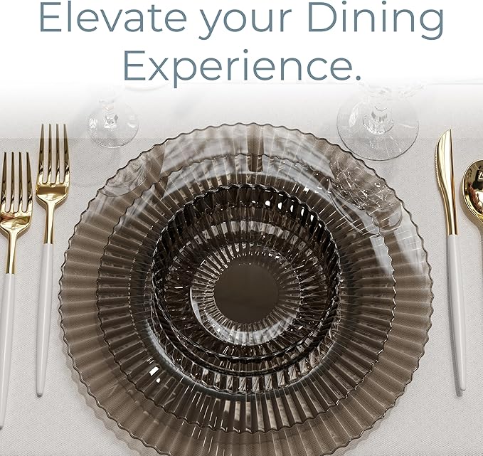 Exquisite 40 Piece Plastic Disposable Plates Set For 20 Guests I 20 X 9 Inch & 20 X 11 Inch Disposable Plastic Plates | Color: Brown | Great for Weddings Parties And Formal Occasions