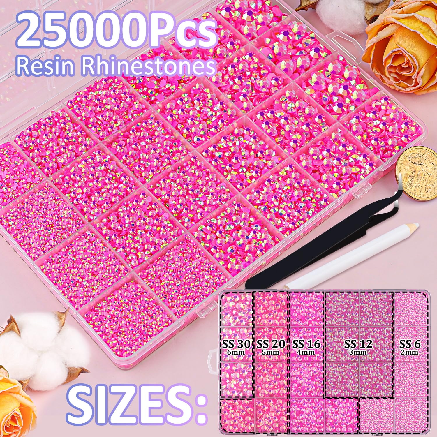 25000Pcs Resin Jelly Rhinestones with Tweezers for Crafting, Hot Pink AB 2-6mm Mixed Sizes Non Hotfix Flatback Gems, Bedazzling Crystal for DIY Crafts Clothing Tumblers Mugs Shoes Decor Nail Art-BrightBean Baby