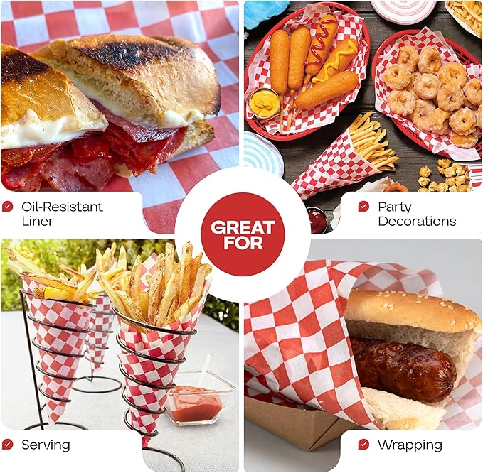 Red Checkered Deli Paper Sheets, 12" x 12" (500 pcs) - USA-Made Premium Food Basket Liners - PFAS-free Grease Resistant Deli Paper Sheets for Food, Snack & Baking Wrap, Picnic & Party by IDL Packaging