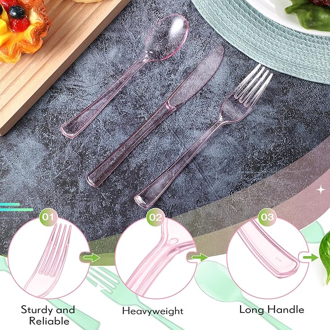 Minatee 150 Pieces Disposable Cutlery Set Plastic Silverware Heavy Duty Utensil Sets 50 Forks 50 Knives 50 Spoons for Home Office School Party Picnics Restaurant Outdoor Events (Pink,Green)