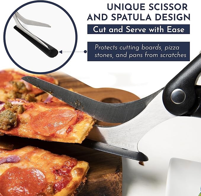 Loftern Pizza Scissors - Non-Stick Pizza Scissors with Firm Grip Base - Food Grade Stainless Steel Pizza Cutter - 5-in-1 Food Slicer & Pizza Server - Durable, Safe & Mess Free