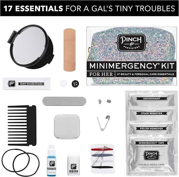 Pinch Provisions Moonstone Glitter Minimergency Kit, includes 17 Travel-Sized Cosmetic Essentials, Convenient for Purses, Emergency Beauty Accessories, Gifts for Holiday’s & Birthday’s-BrightBean Baby