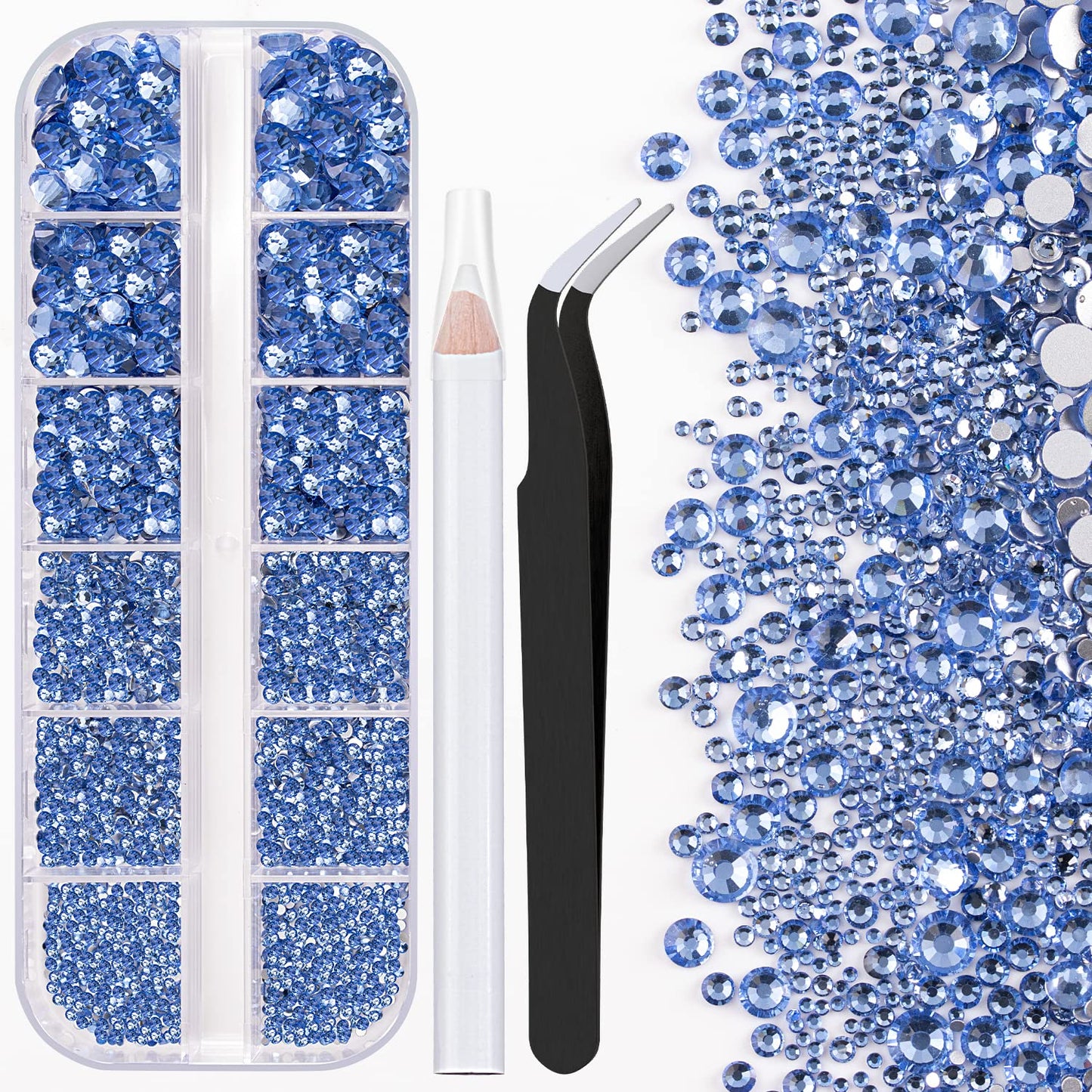 One Pack 2000 Pcs of Flatback Round Sky Blue Rhinestones 6 Sizes (1.5-6 mm) with Nail Art Rhinestone Picker Pencil and Tweezer for DIY and Salon Use-BrightBean Baby