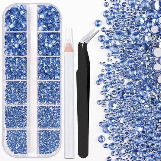 One Pack 2000 Pcs of Flatback Round Sky Blue Rhinestones 6 Sizes (1.5-6 mm) with Nail Art Rhinestone Picker Pencil and Tweezer for DIY and Salon Use-BrightBean Baby