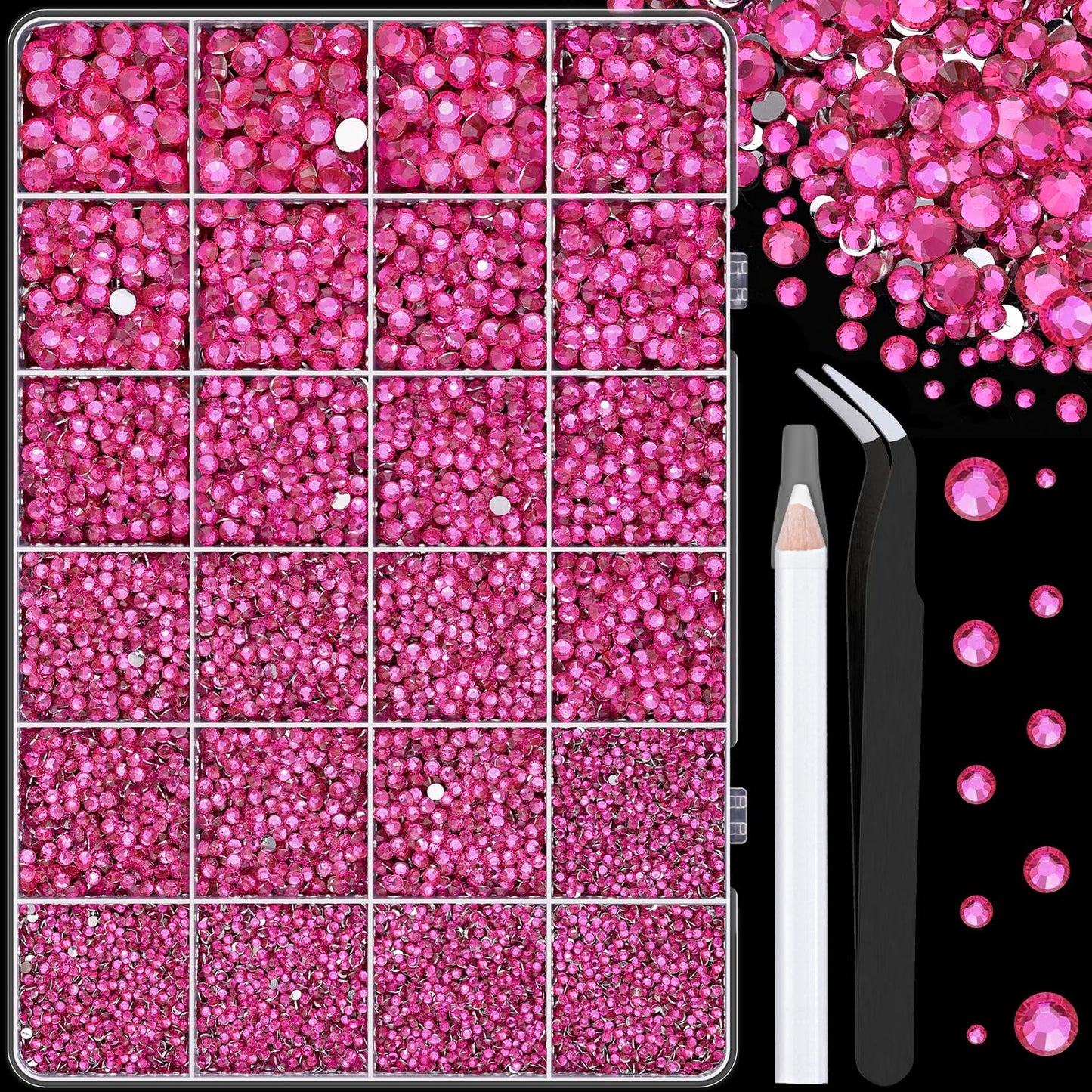 25000Pcs Resin Rhinestones with Tweezers for Crafting, Hot Pink 2-6mm Mixed Sizes Non Hotfix Flatback Gems, Bedazzling Crystal for DIY Craft Clothing Mugs Tumblers Shoes Fabric Decor Nail Art-BrightBean Baby