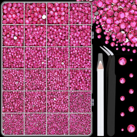 25000Pcs Resin Rhinestones with Tweezers for Crafting, Hot Pink 2-6mm Mixed Sizes Non Hotfix Flatback Gems, Bedazzling Crystal for DIY Craft Clothing Mugs Tumblers Shoes Fabric Decor Nail Art-BrightBean Baby