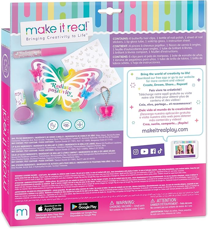 Make It Real: Butterfly Dreams Cosmetic Set - 11 Pieces, Tweens & Girls, Includes 6 Butterfly Hair Clips, Polish, Nail Stickers, 2 Lip Gloss & Instructions, Butterflies, Makeup & Beauty, Kids Ages 8+-BrightBean Baby