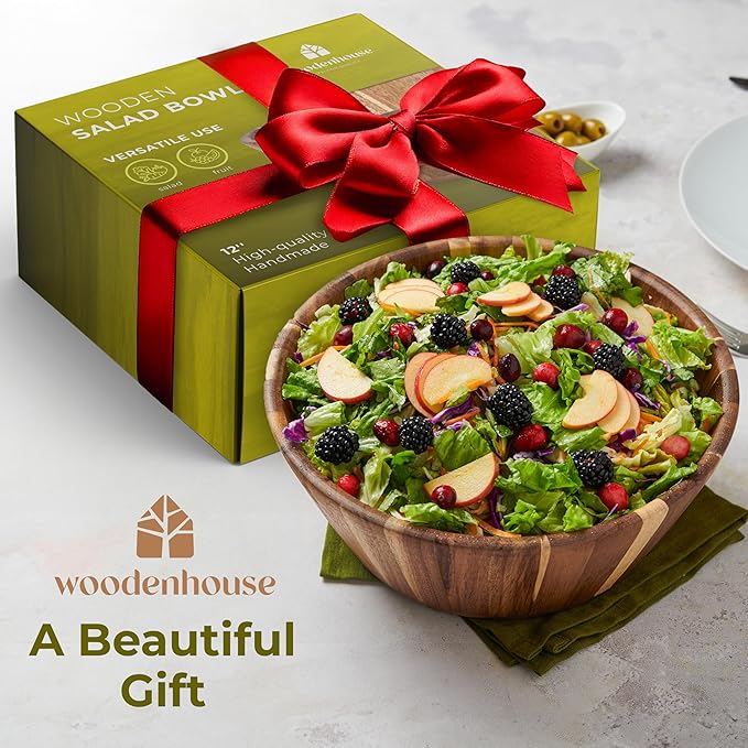 Woodenhouse Wooden Salad Bowl, Salad Bowl, Wooden Bowl - 12" Round Design Fruit Bowl, Handmade, Durable and Stylish Natural Wood Dining Accessory