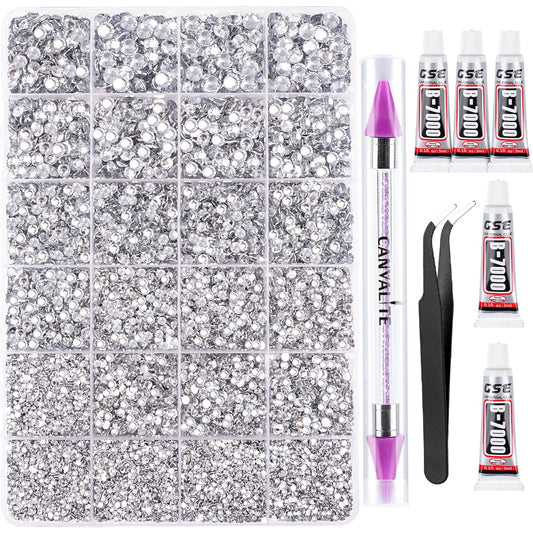 Canvalite 25000Pcs Resin Jelly Rhinestones for Crafting, Clear Flatback Gems, Bedazzling Crystal with 5Pcs 2.5g B7000 Jewelry Glues and Tweezers and Dotting Pen for DIY Crafts Clothing Shoes Nail Art-BrightBean Baby