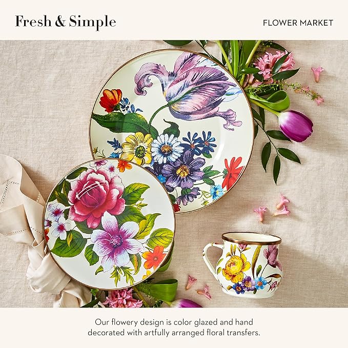 MACKENZIE-CHILDS Enamel Salad and Dessert Plate, Small Plate for a Dessert or Appetizer Dish, 8 Inches, White Flower Market