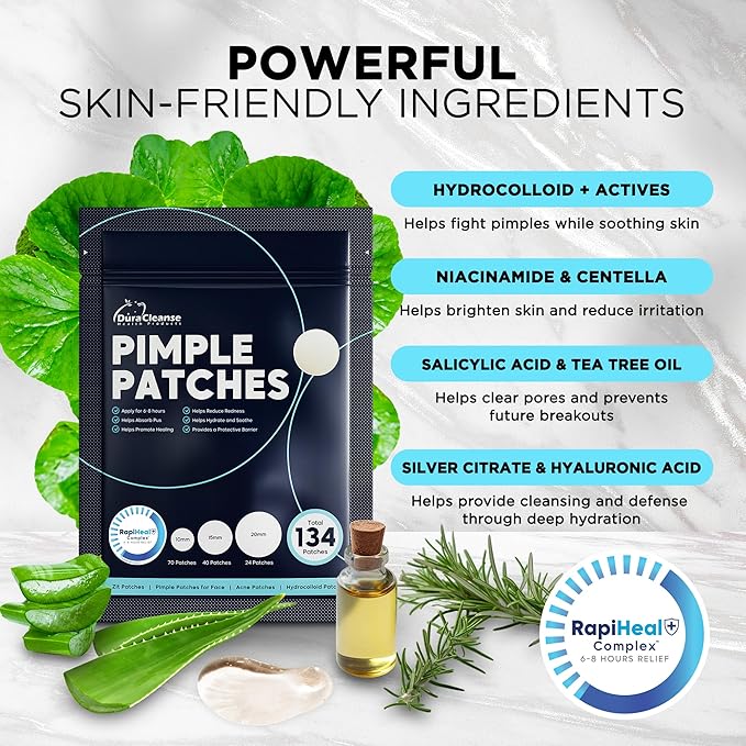 Pimple Patches for Face - 134 Count Hydrocolloid Acne Patches - Zit, Blemish, Cystic Acne Dots & Dark Spot Treatment - Invisible Clear Pimple Patch Stickers for Forehead, Chin, Nose, 3 Sizes (S, M, L)-BrightBean Baby