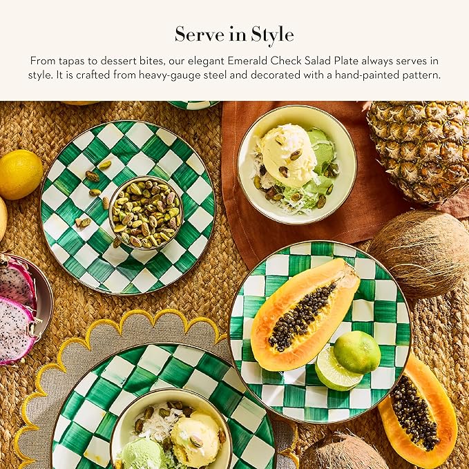 MACKENZIE-CHILDS Enamel Salad and Dessert Plate, Small Plate for a Dessert or Appetizer Dish, 8 Inches, Green-and-White Emerald Check