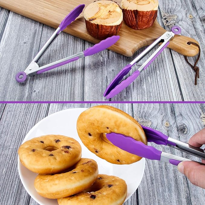 MSY BIGSUNNY Kitchen Food Tongs - 7" Mini Silicone Serving Tongs - Set of 3 (Purple)