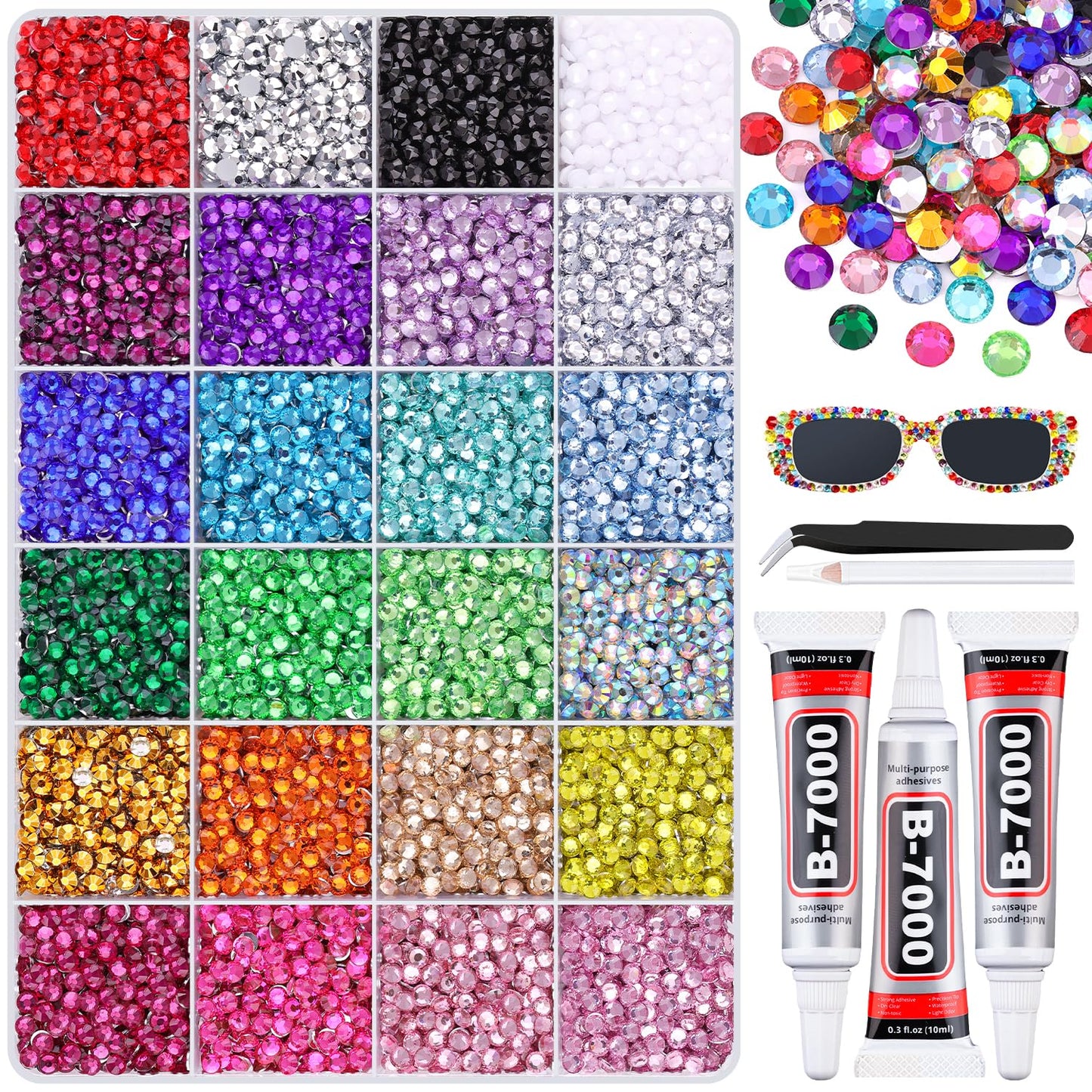 12600Pcs Resin Rhinestones with 3Pcs B7000 Jewelry Glue for Crafting, Multicolors 4mm Non Hotfix Flatback Gems, Bedazzling Crystal for DIY Crafts Clothing Tumblers Mugs Shoes Fabric Decor Nail Art-BrightBean Baby