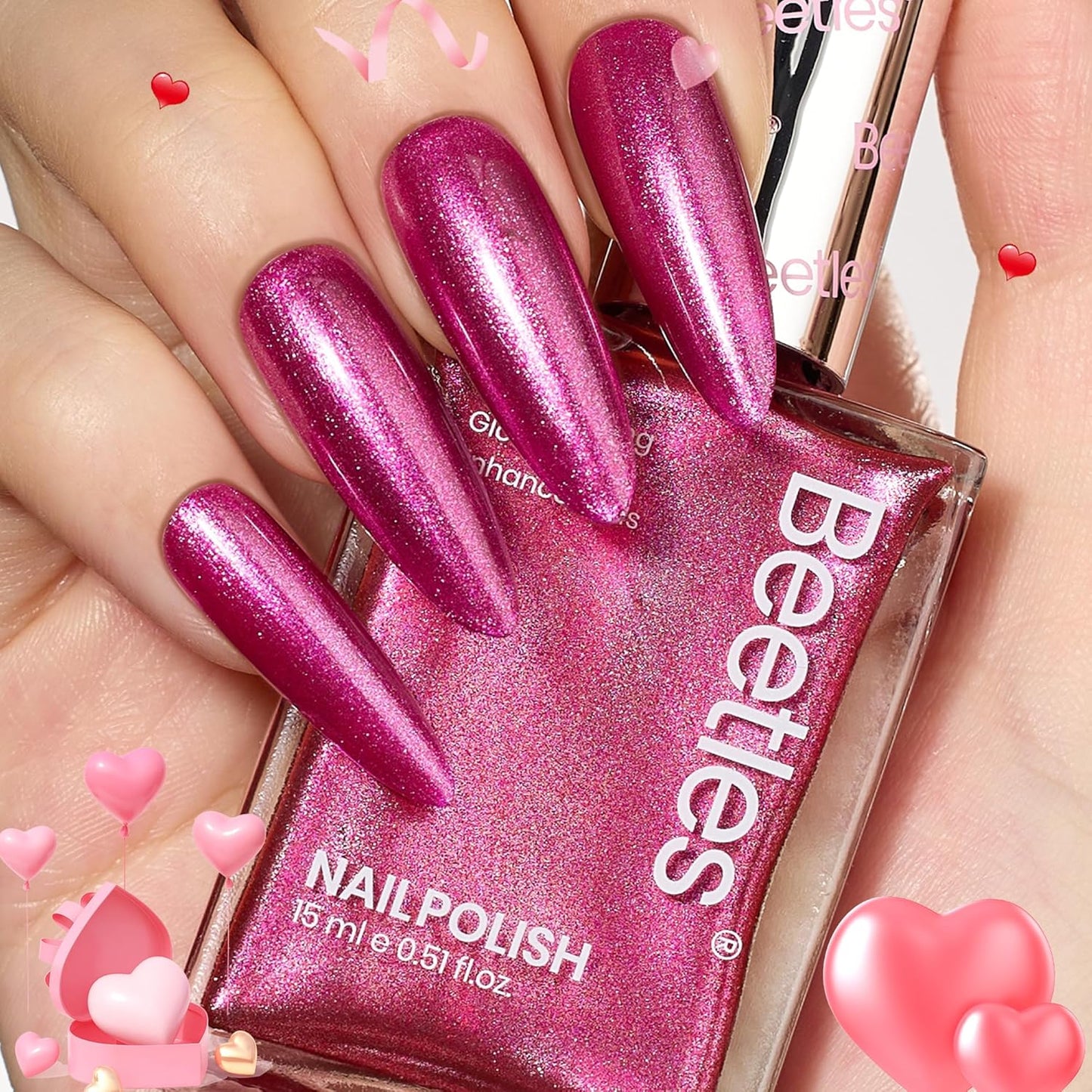 Beetles Hot Pink Nail Polish 15ml, Valentines Day Gifts for Women Fast Drying & Long Lasting Glitter Nail Polish Pink Nail Lacquer Glossy for DIY Nail Salon-Quality Results-BrightBean Baby