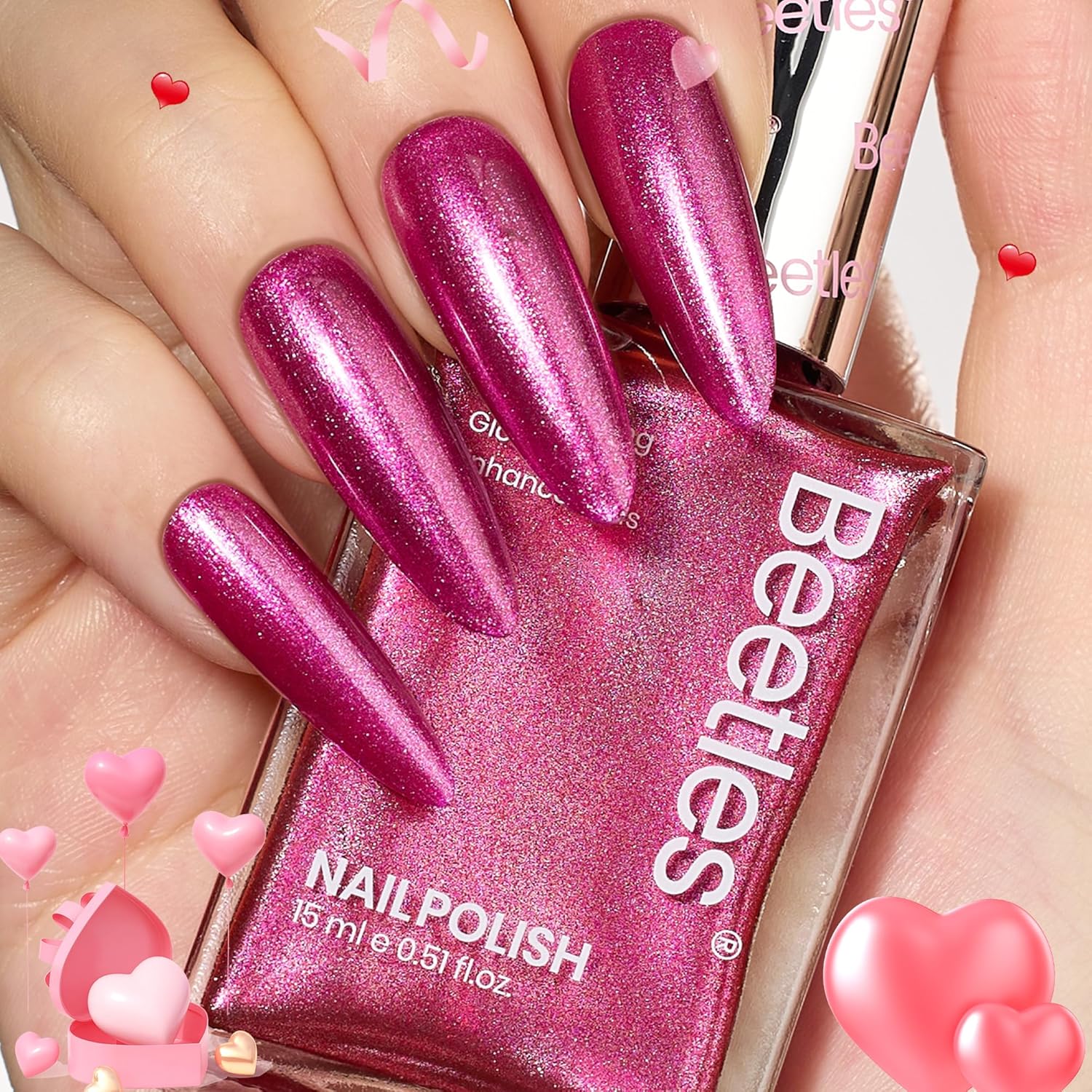Beetles Hot Pink Nail Polish 15ml, Valentines Day Gifts for Women Fast Drying & Long Lasting Glitter Nail Polish Pink Nail Lacquer Glossy for DIY Nail Salon-Quality Results-BrightBean Baby