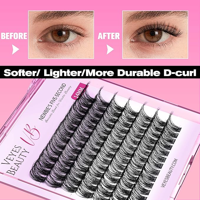 VEYESBEAUTY Lash Clusters Individual Eyelash Extensions Thin & Invisible Band DIY False Eyelashes for Self-application Newbie's Five-Second Series Wispy Lash Tray, Boldeye 12mm Single Length-BrightBean Baby