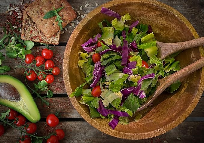 Extra Large Wooden Salad Bowl Set - 1/2" Thick Mango Wood Serving Bowl with Utensils, Wooden Mixing Bowls, Decorative Kitchen Dinnerware for Popcorn, Pasta, & Chips, Dishes - 15 Inch