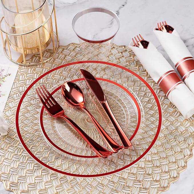 Goodluck 350 Piece Red Plastic Dinnerware Set for Party, Clear Disposable Plates for 50 Guests, Include: 50 Dinner Plastic Plates, 50 Dessert Plates, 50 Pre Rolled Napkins with Cutlery Set, 50 Cups