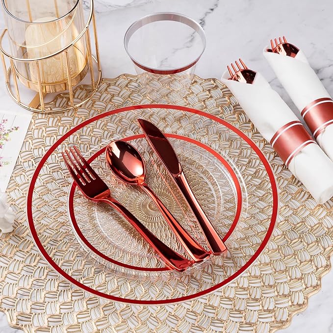 Goodluck 175 Piece Red Plastic Dinnerware Set for Party, Clear Disposable Plates for 25 Guests, Include: 25 Dinner Plastic Plates, 25 Dessert Plates, 25 Pre Rolled Napkins with Cutlery Set, 25 Cups