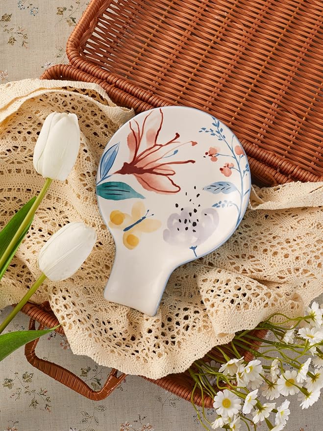 Bico Blossom Symphony Spoon Rest for Stove Top, Ceramic Spoon Holder for Kitchen Counter, Easy to Clean Coffee Spoon Rest Dishwasher Safe, Kitchen Cooking Utensil Rest for Ladles Spatula