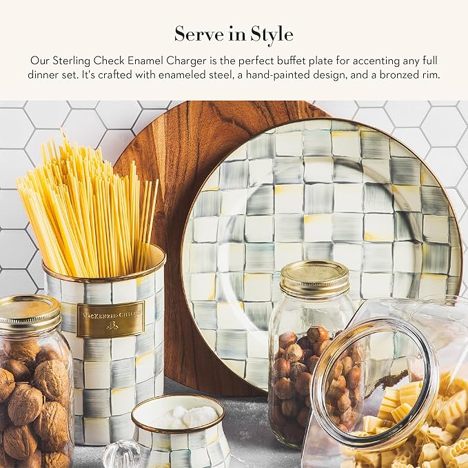 MACKENZIE-CHILDS Enamel Charger Plate, Charger Decoration for Dinner Plates or Home Decor, 12 Inches, Gray-and-White Sterling Check, Set of 1