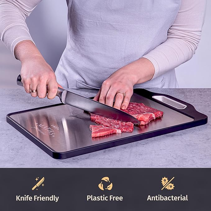 Matiks Stainless Steel Cutting Board Set - 16”×11” Large Double Sided Dishwasher Safe Metal Cutting Board for Kitchen – Ideal for Chopping Meat & Veggies - Christmas Gift & Housewarming Gifts New Home