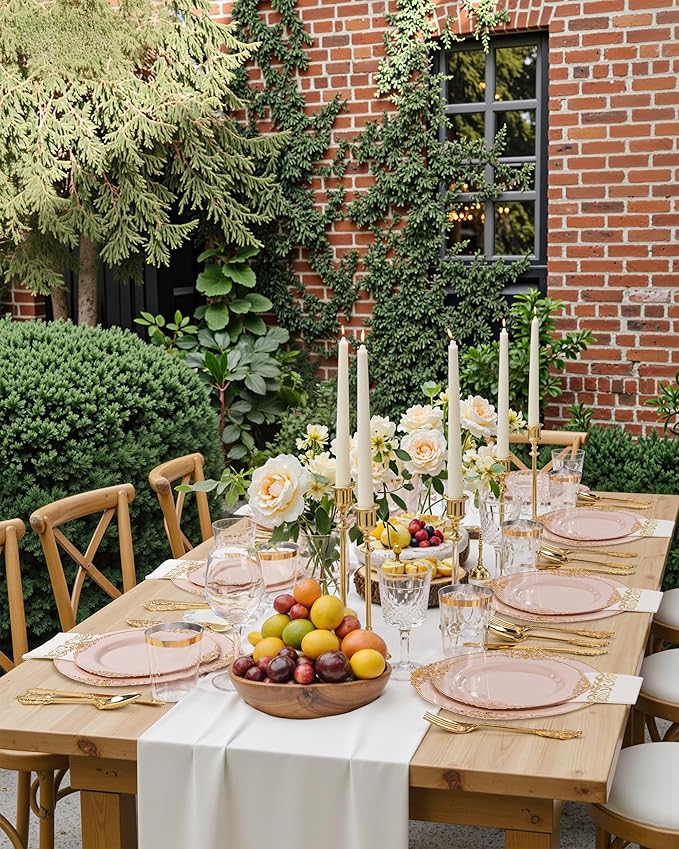 Nervure 350PCS Pink Plastic Plates - Pink Dinnerware Sets for 50 Guests - 100 Disposable Plates, 150 Gold Plastic Silverware, 50 Cups, 50 Napkins for Wedding & Party