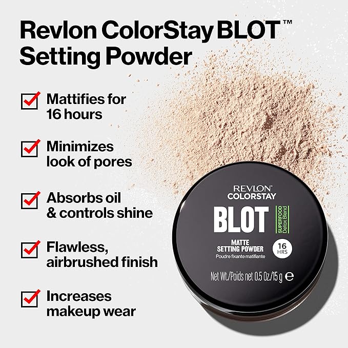 Revlon ColorStay Blot Face Powder, Mattifying, Blurring & Oil Absorbing Setting Powder, Absorb Sebum, Blurs Imperfections and Reduces Pore Appearance, 0.5 oz-BrightBean Baby