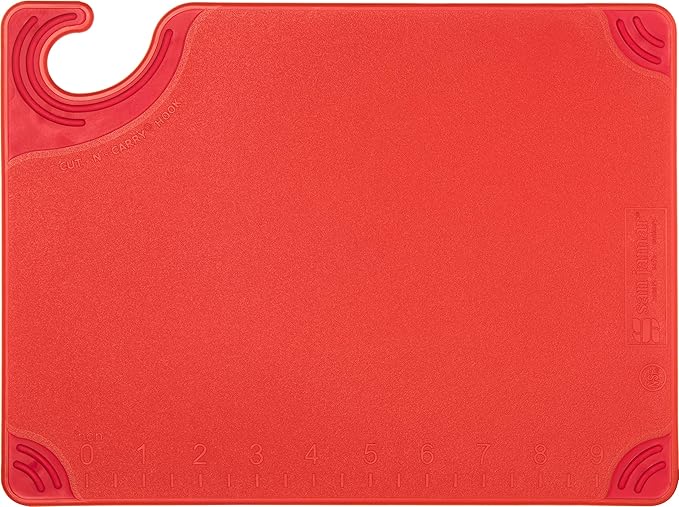 San Jamar Saf-T-Grip Plastic Cutting Board with Safety Hook, 9" x 12" x 0.375", Red