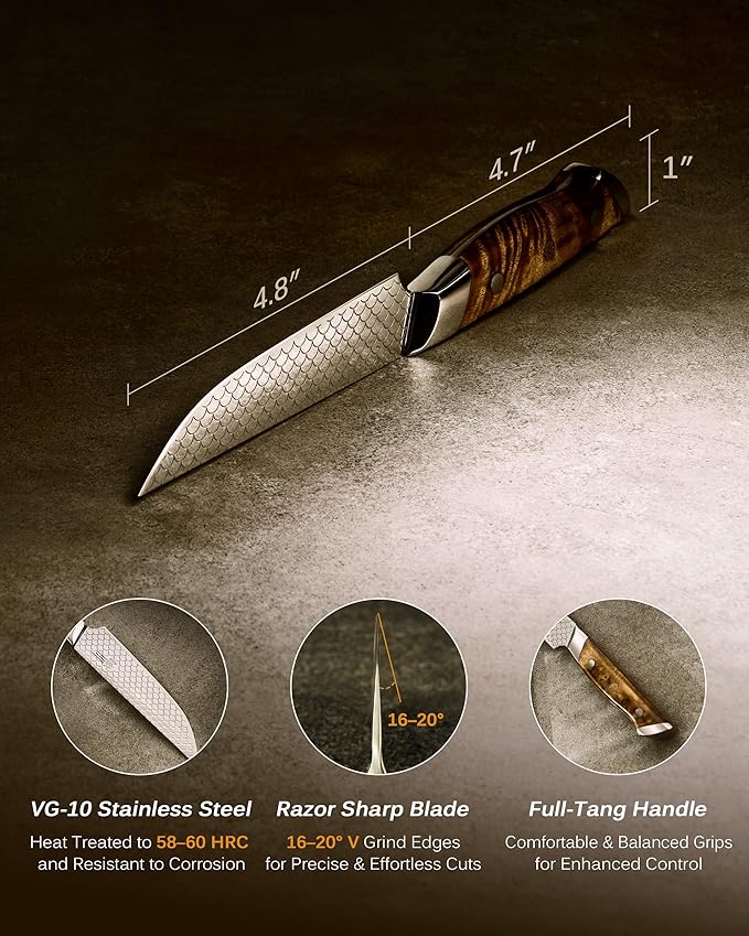 KYOKU 4.8" Steak Knife Set of 4 with Non-Stick Koi Scale Pattern, Japanese VG10 Stainless Steel Steak Knives with Sheath Gift Box, Shogun Koi Series Full Tang Knives for Steak with Camphorwood Handles