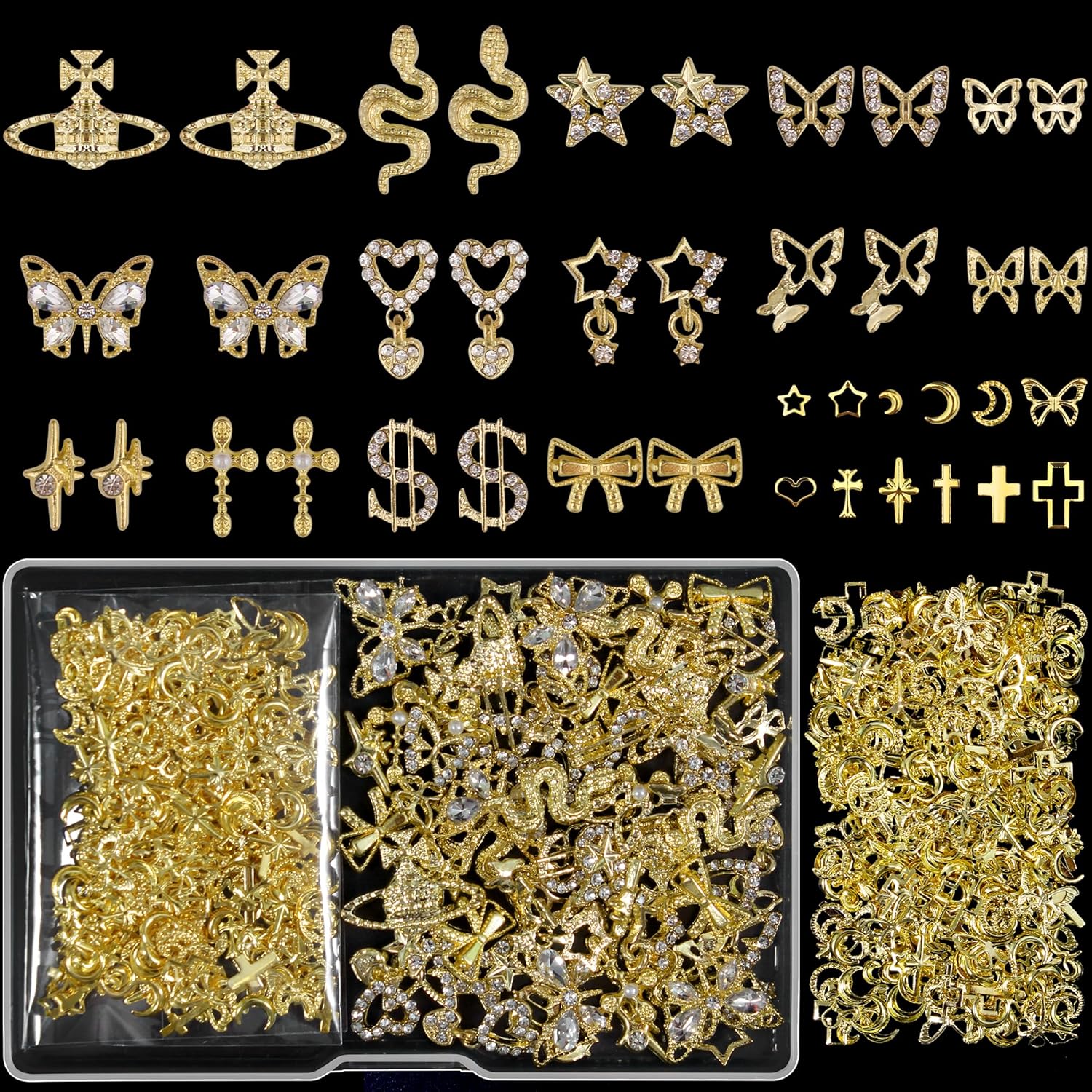 Artdone Nail Art Studs Kit, 3D Gold Cross Nail Charms and Diamond Butterfly Gems Bulk Nail Jewels Shiny Star and Moon for DIY Professional Manicures Decoration-BrightBean Baby