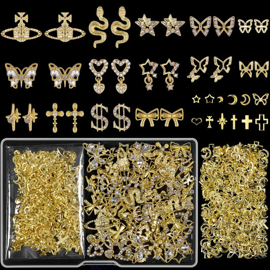 Artdone Nail Art Studs Kit, 3D Gold Cross Nail Charms and Diamond Butterfly Gems Bulk Nail Jewels Shiny Star and Moon for DIY Professional Manicures Decoration-BrightBean Baby