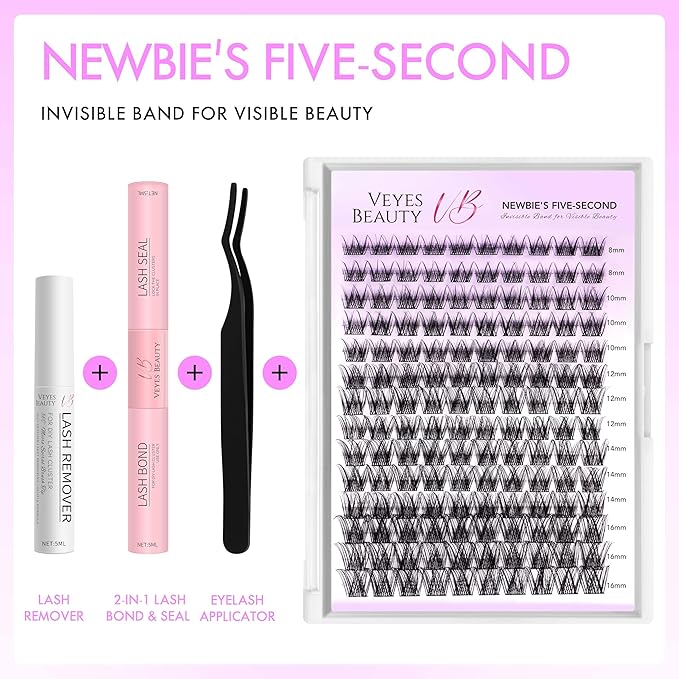 VEYESBEAUTY Lash Clusters Kit Individual Eyelash Extensions Thin & Invisible Band DIY False Eyelashes Newbie's Five-Second Series Wispy Lash Tray, LuxeBold KIT with Bond&Seal Remover Applicator-BrightBean Baby