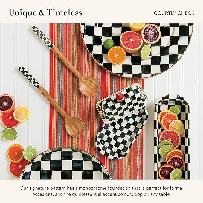 MACKENZIE-CHILDS Enamel Serving Platter, Decorative Serving Platter for Food, 16 Inches, Black-and-White Courtly Check