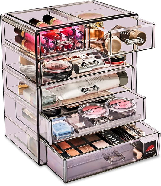 Sorbus Acrylic Makeup Organizer - Organization and Storage Case for Cosmetics Make Up & Jewelry - Big Clear Makeup Organizer for Vanity, Bathroom, College Dorm, Closet, Desk (4 Large, 2 Small Drawers)-BrightBean Baby