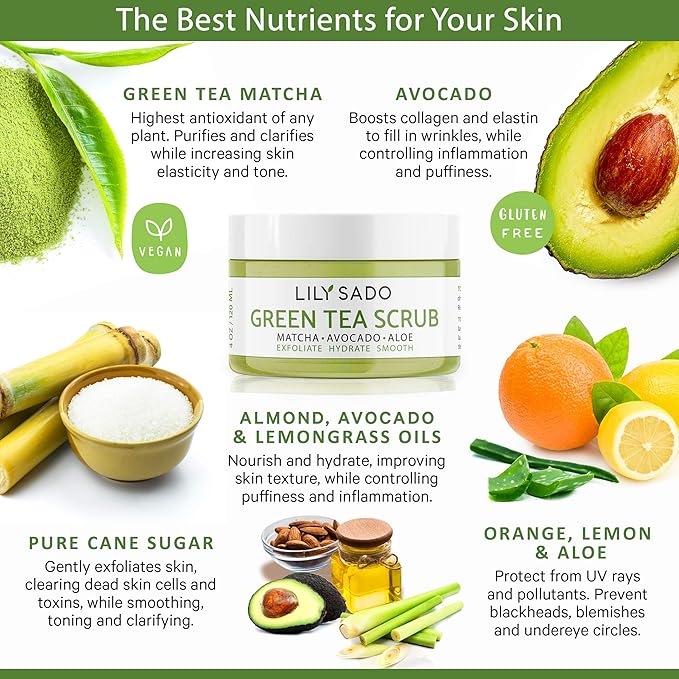 LILY SADO MATCHA MADE IN HEAVEN™ Sugar Facial Scrub - Best Daily Facial Exfoliating Cleanser for Women & Men - Vegan Face Wash Exfoliates Skin, Treats Acne, Reduces Pore Size - 4 oz-BrightBean Baby