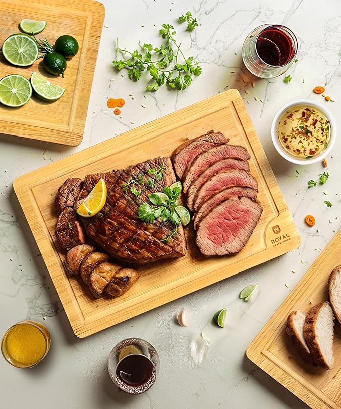 ROYAL CRAFT WOOD Wooden Cutting Boards for Kitchen Meal Prep & Serving - Bamboo Wood Serving Board Set with Deep Juice Groove Side Handles - Charcuterie & Chopping Butcher Block for Meat