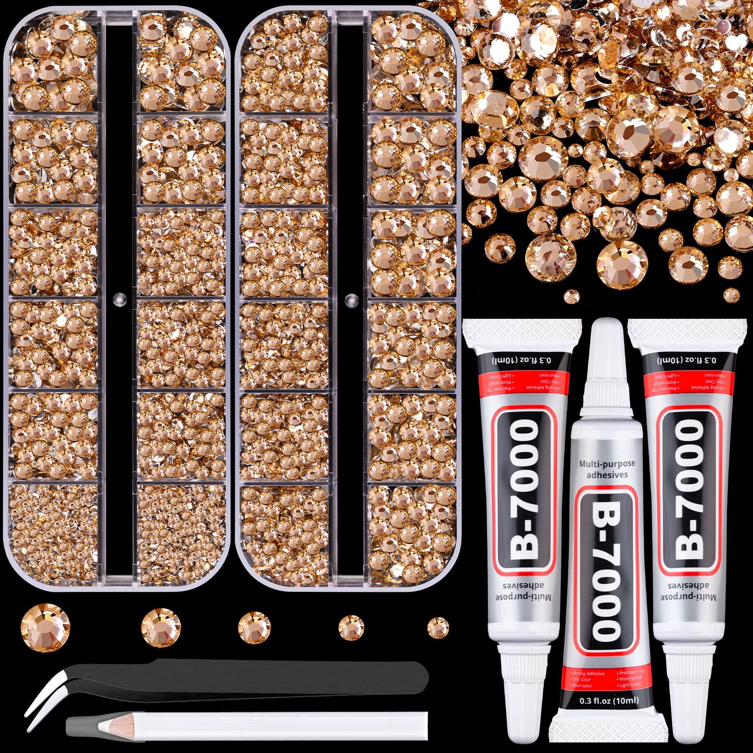 Resin Rhinestones for Crafting with B7000 Jewelry Glue, 2 Boxes Champagne Flatback Crystals with 3Pcs 10ml Glue for Bedazzling Crafts DIY Nail Art Makeup，Non Hotfix Gems for Clothing Shoes-BrightBean Baby