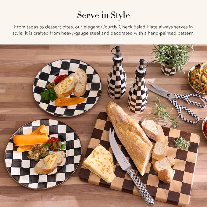 MACKENZIE-CHILDS Enamel Salad and Dessert Plate, Small Plate for a Dessert or Appetizer Dish, 8 Inches, Black-and-White Courtly Check